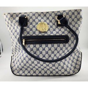 Wendy Keen Monogram Shoulder Purse Tote Bag Blue/White‎ Faux Leather 14"×13"